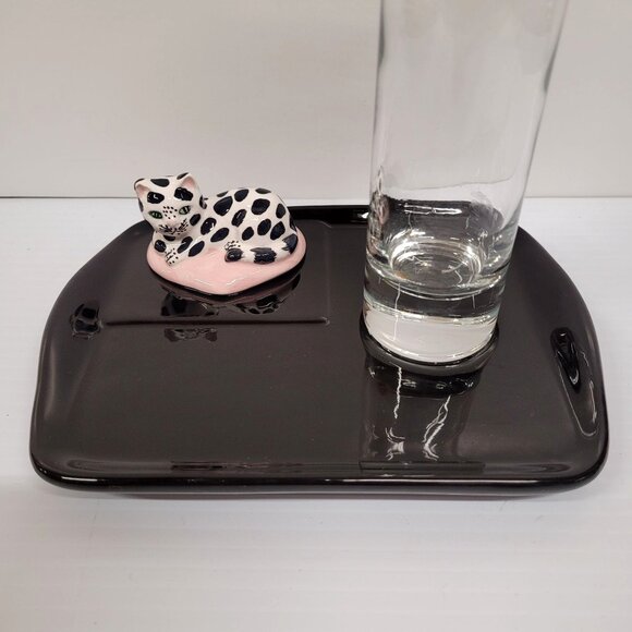 W Gronemeyer Cat Black Tray Glass Cylinder Vase German 7'' Pink Heart Signed MCM - Picture 3 of 8